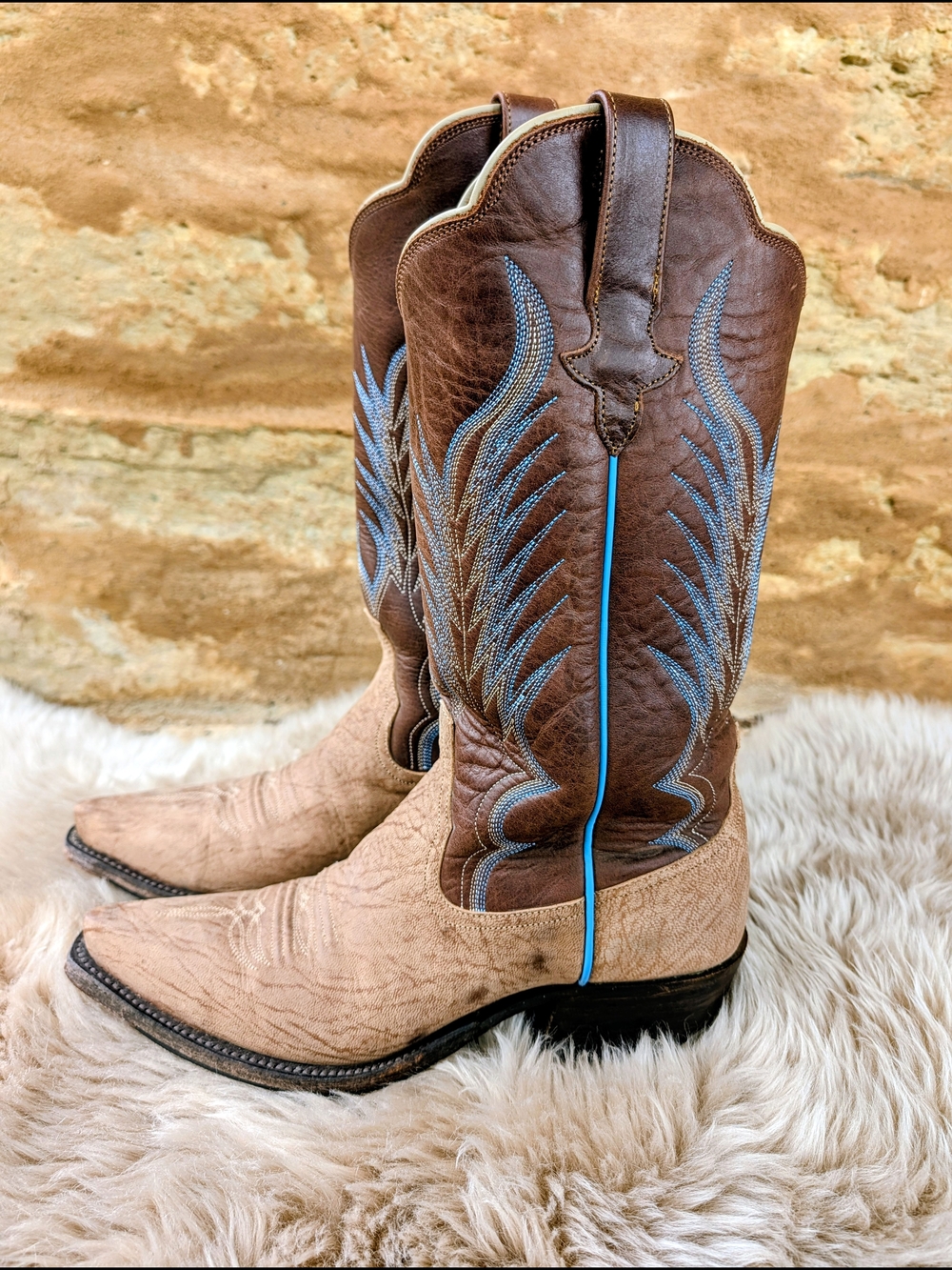 Rios of Mercedes Brown and Tan Western Heeled Boots with Blue Stitching